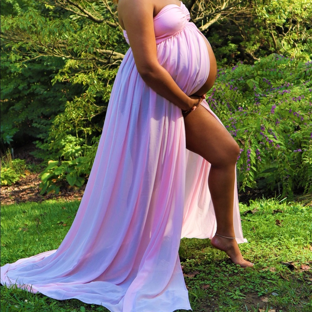 Baby pink strapless maternity dress